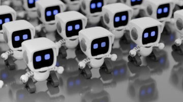 Aerial view of a large number of miniature ai chatbots