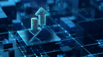 Digital Arrows icon as a symbol of file transfer and update. Digital technology background