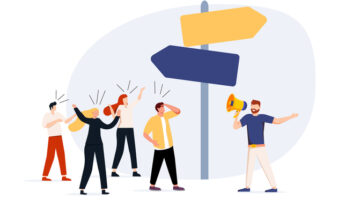 Business guide to move to the right success direction, leadership to tell solution way, support, help or giving instruction concept, businessman with megaphone tell coworkers to walk the right way.