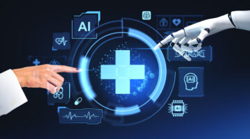 A human hand interacts with an artificial intelligence robotic hand with medical icons and a digital interface on dark background, illustrating healthcare technology AI trust